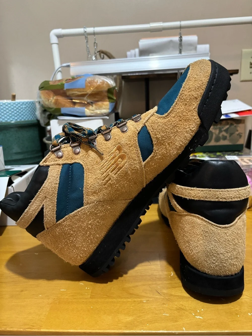 New Balance Rainier Men's Tan Suede & Teal Hiking Sneakers